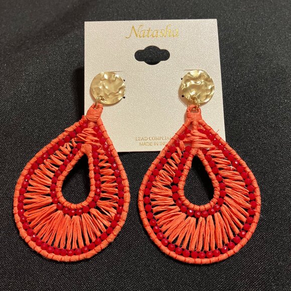 Natasha Orange Woven/Red Beaded Bohemian Dangling Earrings - Picture 2 of 6